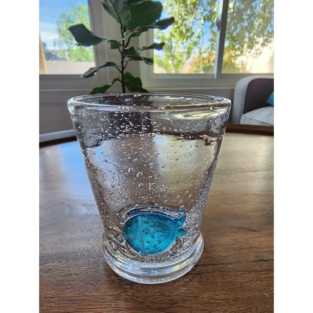 Recycled Glass Raised Embossed Blue Fish Tumbler Drinking Cup - Picture 2 of 4